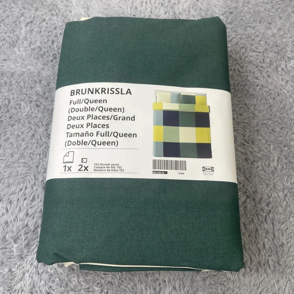 IKEA Brunkrissla Duvet Cover Set Full/Queen Green Yellow Checkered 3pc